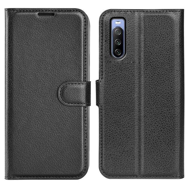 Sony Xperia 10 IV Handy Hülle - Litchi Leder Bookcover Series - schwarz
