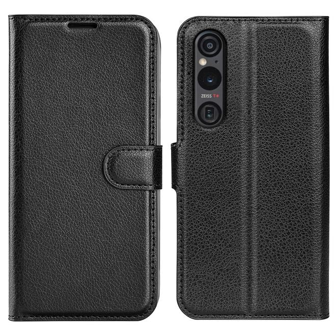 Sony Xperia 1 VI Handy Hülle - Litchi Leder Bookcover Series - schwarz