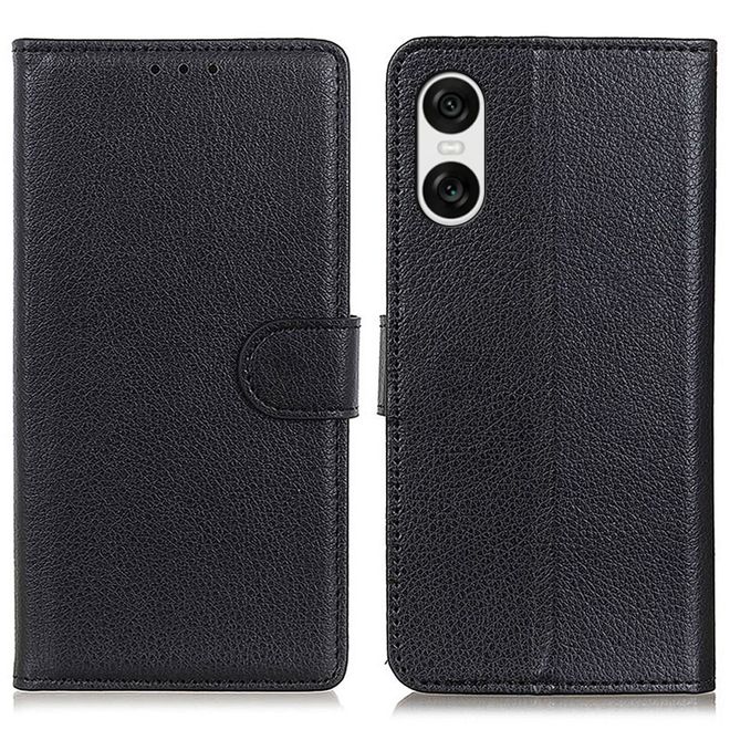 Sony Xperia 10 VI Handy Hülle - Litchi Leder Bookcover Series - schwarz
