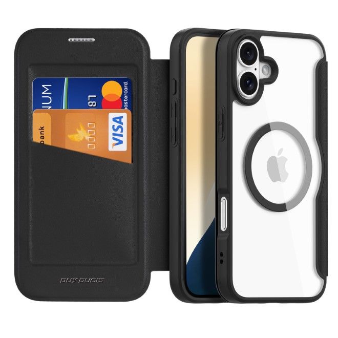 Dux Ducis - iPhone 16 Hülle - Leder Bookcover - MagSafe - Skin X Pro Series - schwarz