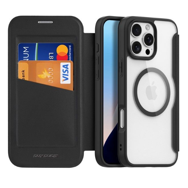 Dux Ducis - iPhone 16 Pro Hülle - Leder Bookcover - MagSafe - Skin X Pro Series - schwarz