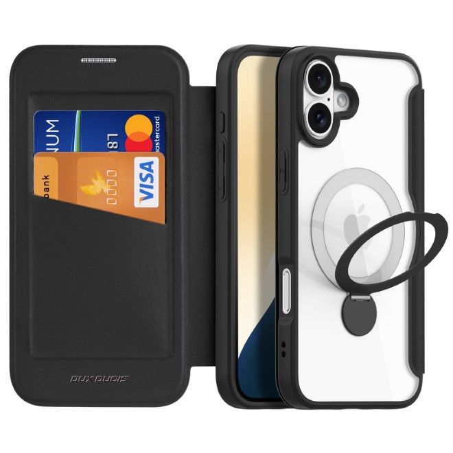 Dux Ducis - iPhone 16 Hülle - Leder Bookcover mit Ring Standfunktion - Skin X Pro 360° Ring Stand Series - schwarz