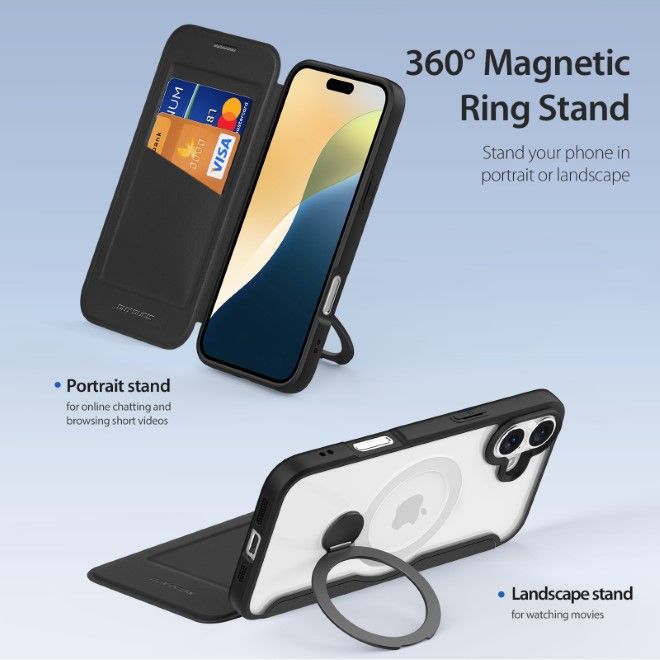 Dux Ducis - iPhone 16 Hülle - Leder Bookcover mit Ring Standfunktion - Skin X Pro 360° Ring Stand Series - schwarz