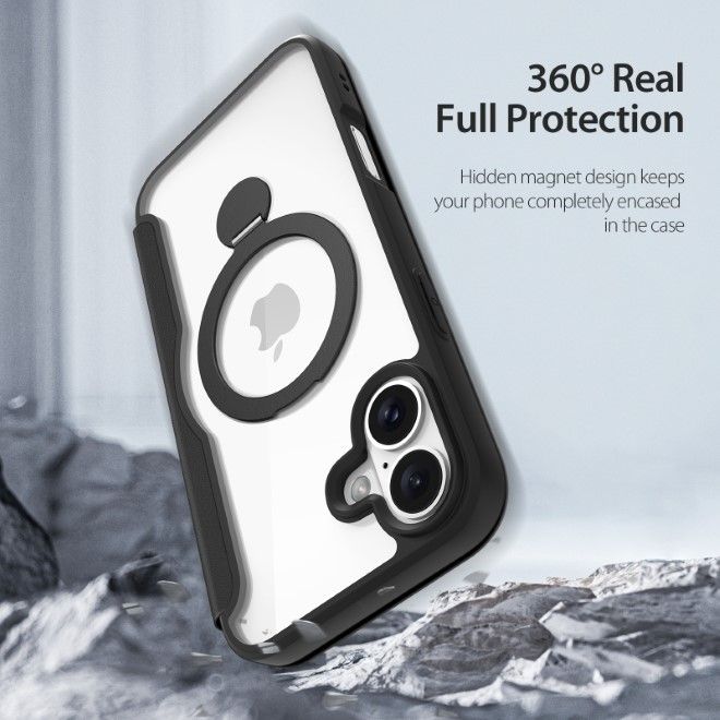 Dux Ducis - iPhone 16 Hülle - Leder Bookcover mit Ring Standfunktion - Skin X Pro 360° Ring Stand Series - schwarz