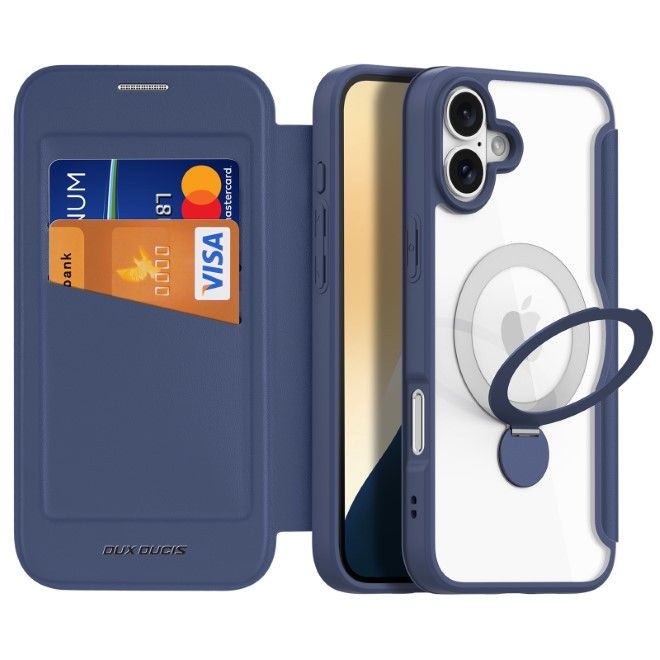 Dux Ducis - iPhone 16 Plus Hülle - Leder Bookcover mit Ring Standfunktion - Skin X Pro 360° Ring Stand Series - blau