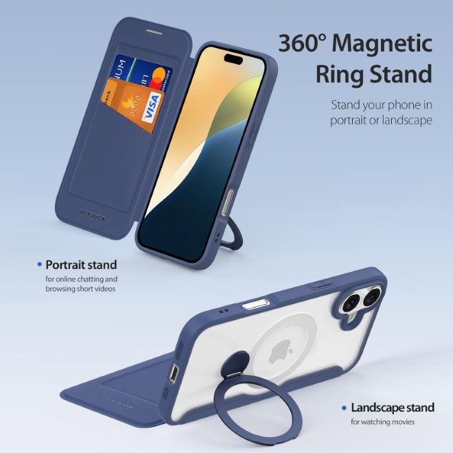 Dux Ducis - iPhone 16 Plus Hülle - Leder Bookcover mit Ring Standfunktion - Skin X Pro 360° Ring Stand Series - blau