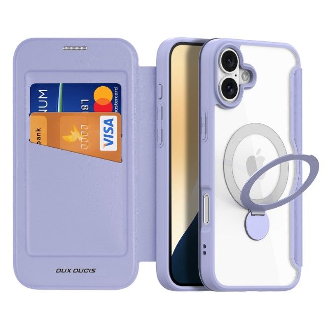 Dux Ducis - iPhone 16 Plus Hülle - Leder Bookcover mit Ring Standfunktion - Skin X Pro 360° Ring Stand Series - purpur