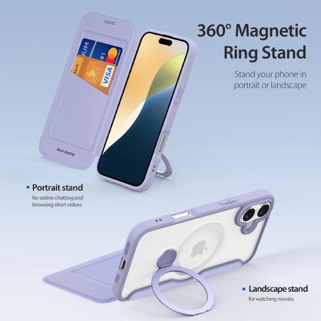 Dux Ducis - iPhone 16 Plus Hülle - Leder Bookcover mit Ring Standfunktion - Skin X Pro 360° Ring Stand Series - purpur