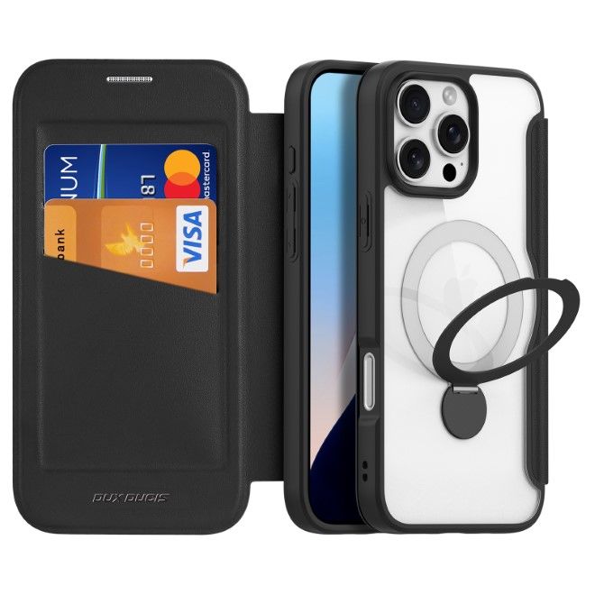 Dux Ducis - iPhone 16 Pro Hülle - Leder Bookcover mit Ring Standfunktion - Skin X Pro 360° Ring Stand Series - schwarz