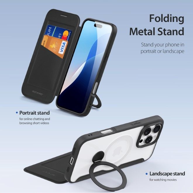 Dux Ducis - iPhone 16 Pro Hülle - Leder Bookcover mit Ring Standfunktion - Skin X Pro 360° Ring Stand Series - schwarz