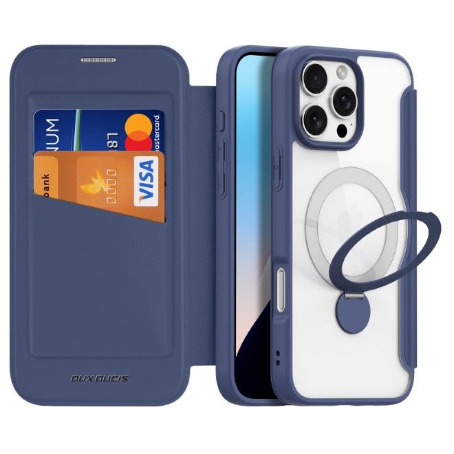 Dux Ducis - iPhone 16 Pro Hülle - Leder Bookcover mit Ring Standfunktion - Skin X Pro 360° Ring Stand Series - blau