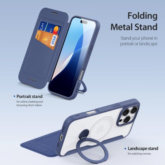 Dux Ducis - iPhone 16 Pro Hülle - Leder Bookcover mit Ring Standfunktion - Skin X Pro 360° Ring Stand Series - blau