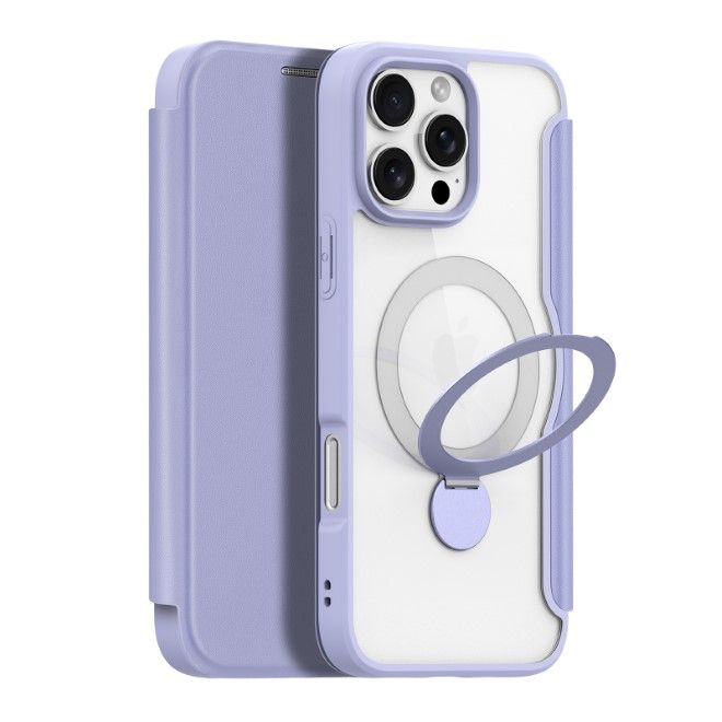 Dux Ducis - iPhone 16 Pro Hülle - Leder Bookcover mit Ring Standfunktion - Skin X Pro 360° Ring Stand Series - purpur