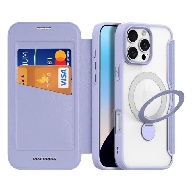 Dux Ducis - iPhone 16 Pro Hülle - Leder Bookcover mit Ring Standfunktion - Skin X Pro 360° Ring Stand Series - purpur