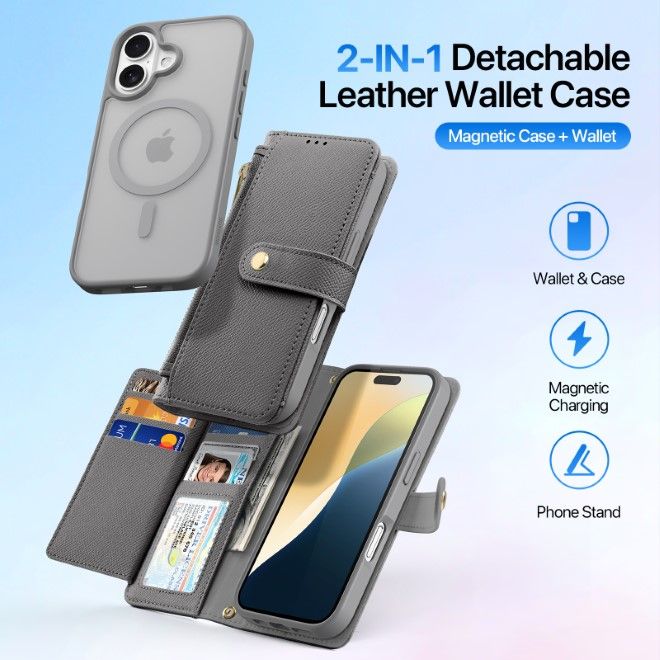Dux Ducis - iPhone 16 Hülle - Kunstleder Bookcover - MagSafe kompatibel - Lawa Series - grau