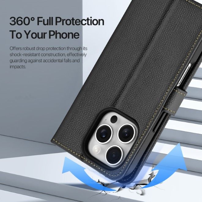Dux Ducis - iPhone 16 Pro Hülle - Kunstleder Bookcover - MagSafe kompatibel - Lawa Series - schwarz
