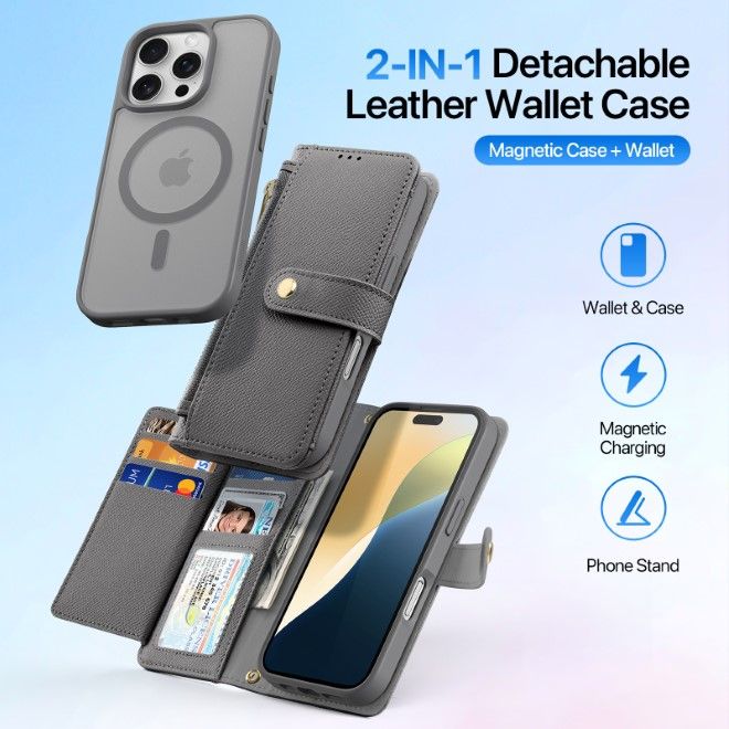 Dux Ducis - iPhone 16 Pro Hülle - Kunstleder Bookcover - MagSafe kompatibel - Lawa Series - grau