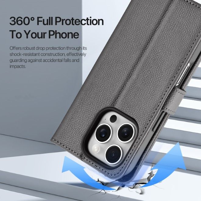Dux Ducis - iPhone 16 Pro Hülle - Kunstleder Bookcover - MagSafe kompatibel - Lawa Series - grau