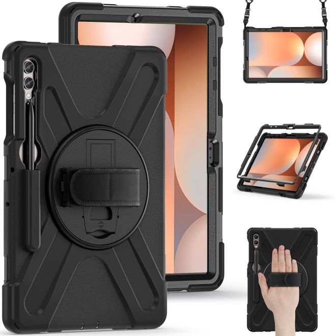 Samsung Galaxy Tab S9 FE+ 360 Grad Outdoor Hülle mit Handschlaufe & Schultergurt - Schwarz