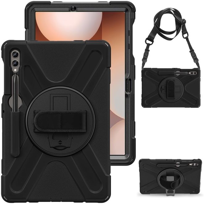 Samsung Galaxy Tab S9 FE+ 360 Grad Outdoor Hülle mit Handschlaufe & Schultergurt - Schwarz