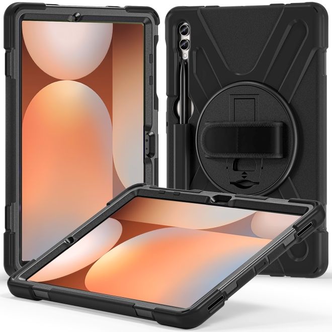 Samsung Galaxy Tab S9 FE+ 360 Grad Outdoor Hülle mit Handschlaufe & Schultergurt - Schwarz