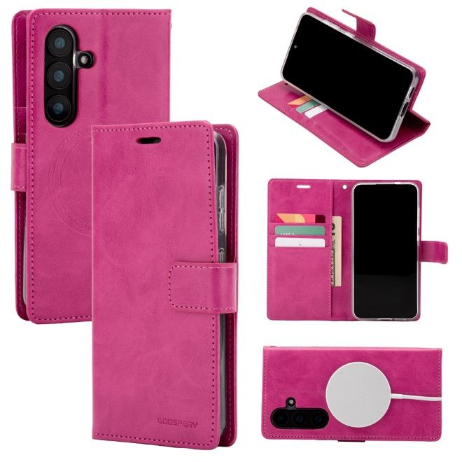 Goospery - Samsung Galaxy S25 Hülle - Leder Bookcover - Bluemoon Diary MagSafe Series - hot pink
