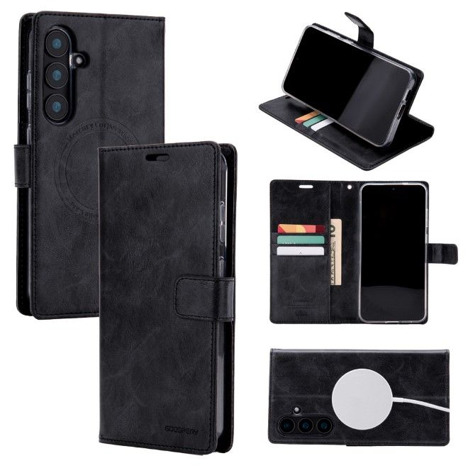 Goospery - Samsung Galaxy S25+ Hülle - Leder Bookcover - Bluemoon Diary MagSafe Series - schwarz