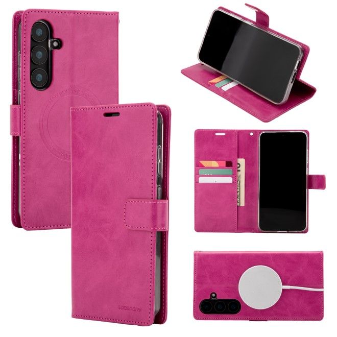 Goospery - Samsung Galaxy S25+ Hülle - Leder Bookcover - Bluemoon Diary MagSafe Series - hot pink
