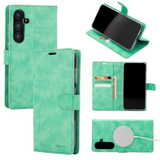 Goospery - Samsung Galaxy S25+ Hülle - Leder Bookcover - Bluemoon Diary MagSafe Series - mint