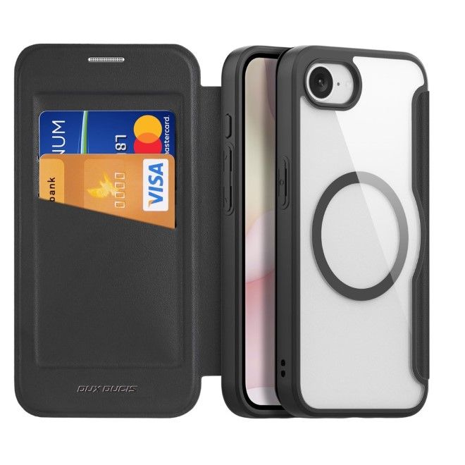 Dux Ducis - iPhone 16e Hülle - Leder Bookcover - MagSafe - Skin X Pro Series - schwarz