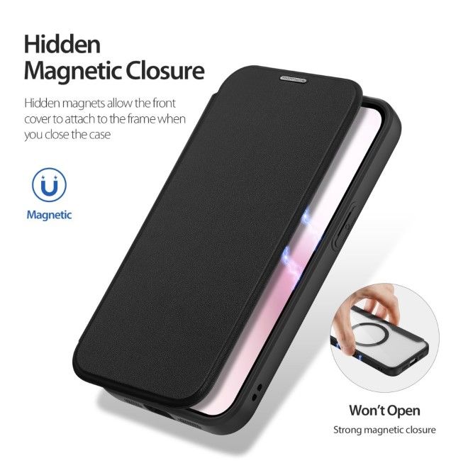 Dux Ducis - iPhone 16e Hülle - Leder Bookcover - MagSafe - Skin X Pro Series - schwarz
