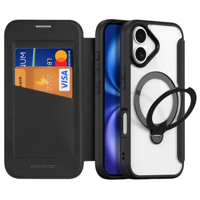 Dux Ducis - iPhone 17 Hülle - Leder Bookcover mit Ring Standfunktion - Skin X Pro 360° Ring Stand Series - schwarz