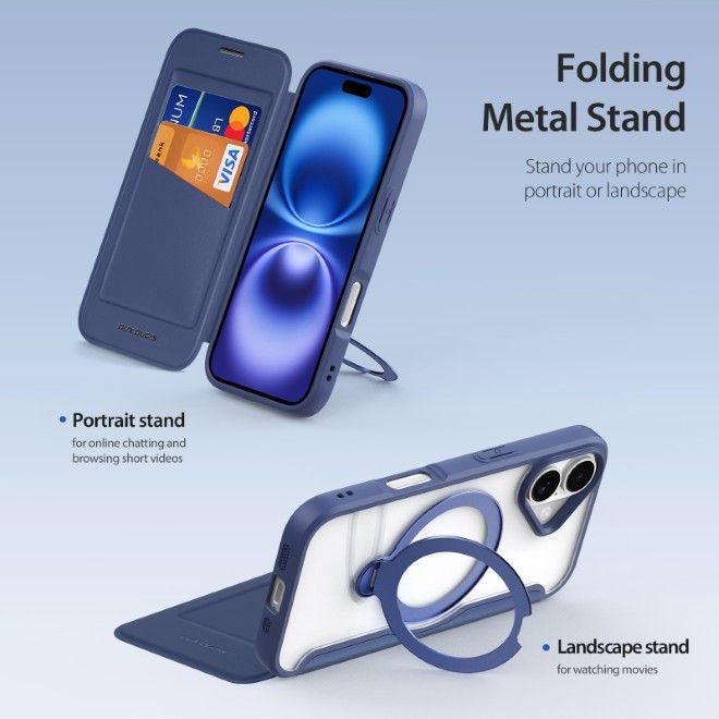 Dux Ducis - iPhone 17 Hülle - Leder Bookcover mit Ring Standfunktion - Skin X Pro 360° Ring Stand Series - blau