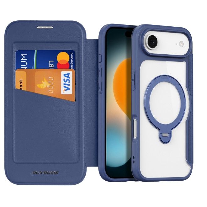 Dux Ducis - iPhone Air Hülle - Leder Bookcover mit Ring Standfunktion - Skin X Pro 360° Ring Stand Series - blau