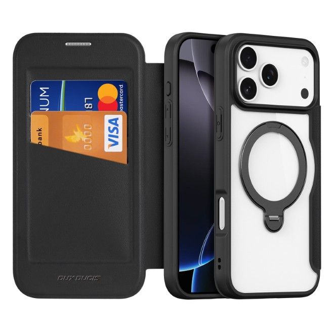 Dux Ducis - iPhone 17 Pro Hülle - Leder Bookcover mit Ring Standfunktion - Skin X Pro 360° Ring Stand Series - schwarz