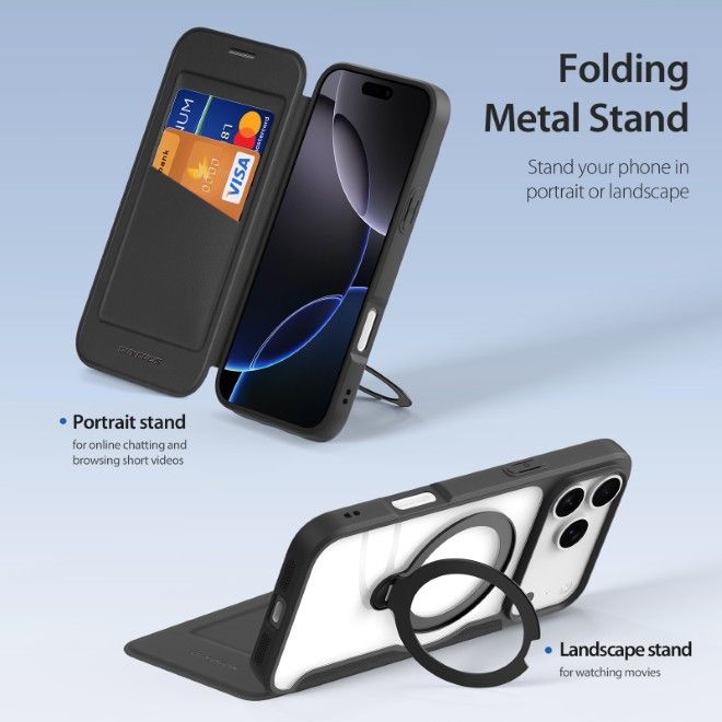 Dux Ducis - iPhone 17 Pro Hülle - Leder Bookcover mit Ring Standfunktion - Skin X Pro 360° Ring Stand Series - schwarz