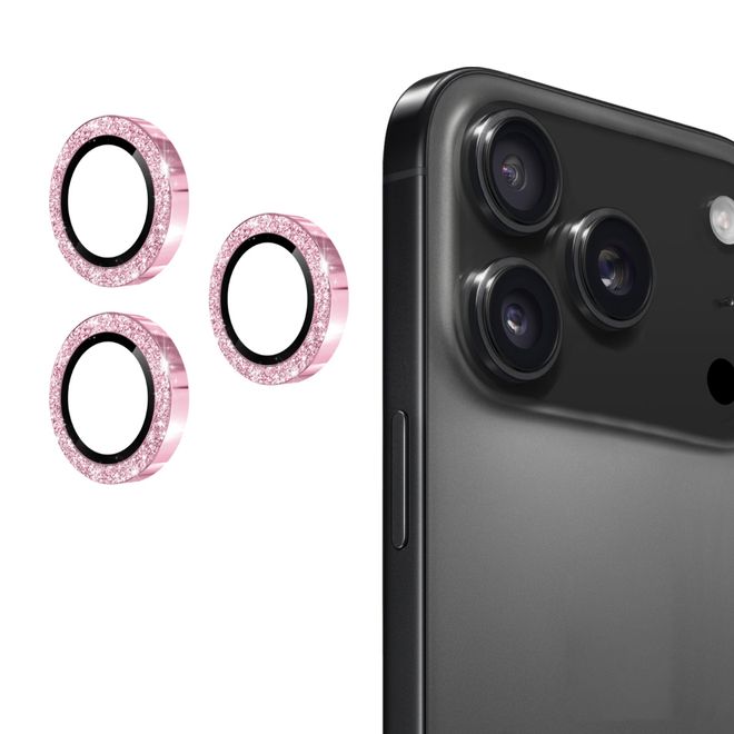 Enkay - iPhone 17 Pro / 17 Pro Max Kamera Glas - Glitter Metall Ring - rosa