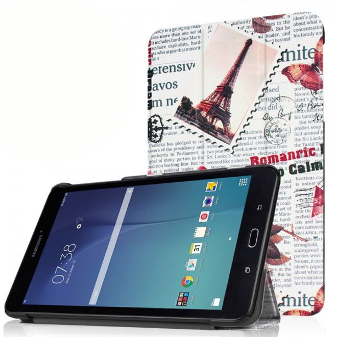 Samsung Galaxy Tab E 8.0 Dreifach faltbare Leder Cover Flip Hülle mit Zeitung und Stempel