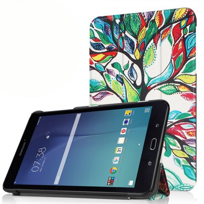 Samsung Galaxy Tab E 8.0 Dreifach faltbare Leder Cover Flip Hülle mit farbigem Baum