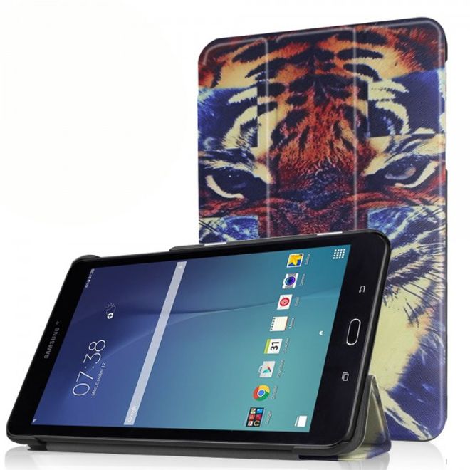 Samsung Galaxy Tab E 8.0 Dreifach faltbare Leder Cover Flip Hülle mit bösem Tiger