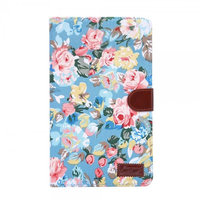 Samsung Galaxy Tab E 8.0 Leder Case Hülle mit stoffartiger Oberfläche und Blumenmuster - hellblau