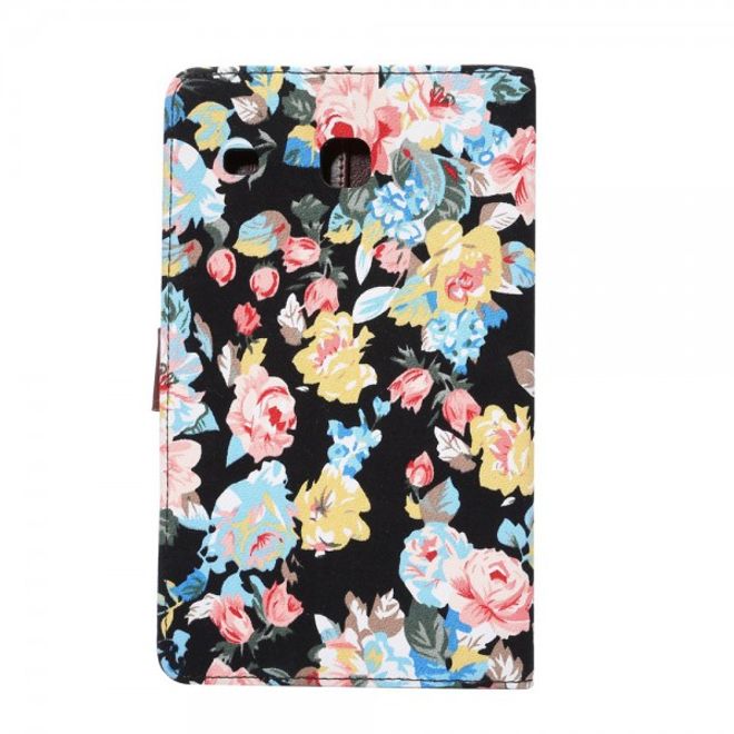 Samsung Galaxy Tab E 8.0 Leder Case Hülle mit stoffartiger Oberfläche und Blumenmuster - schwarz