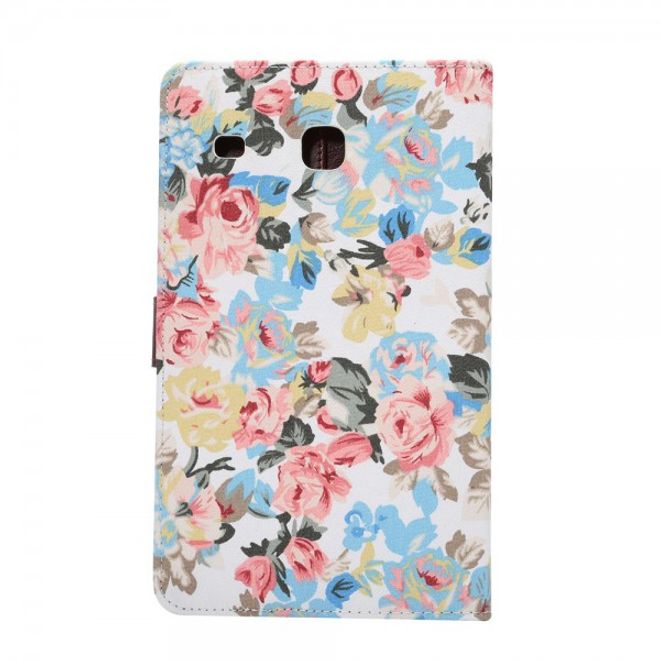Samsung Galaxy Tab E 8.0 Leder Case Hülle mit stoffartiger Oberfläche und Blumenmuster - weiss