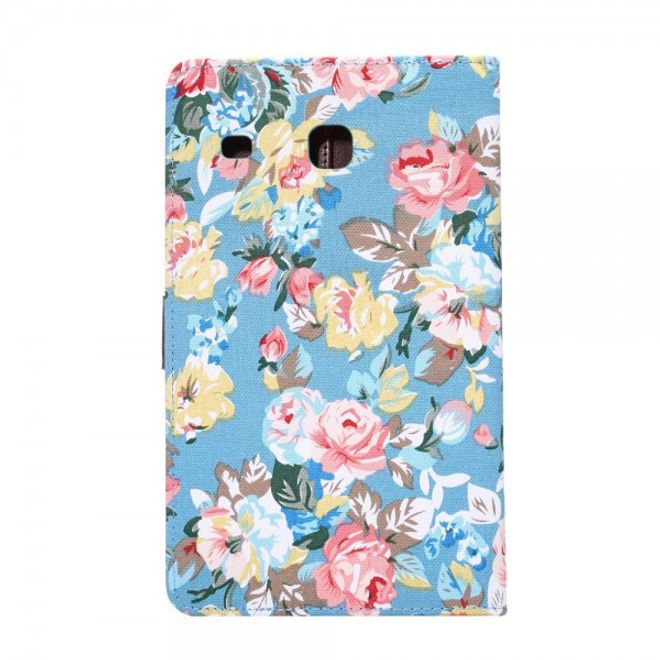 Samsung Galaxy Tab E 8.0 Leder Case Hülle mit stoffartiger Oberfläche und Blumenmuster - hellblau