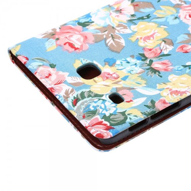 Samsung Galaxy Tab E 8.0 Leder Case Hülle mit stoffartiger Oberfläche und Blumenmuster - hellblau