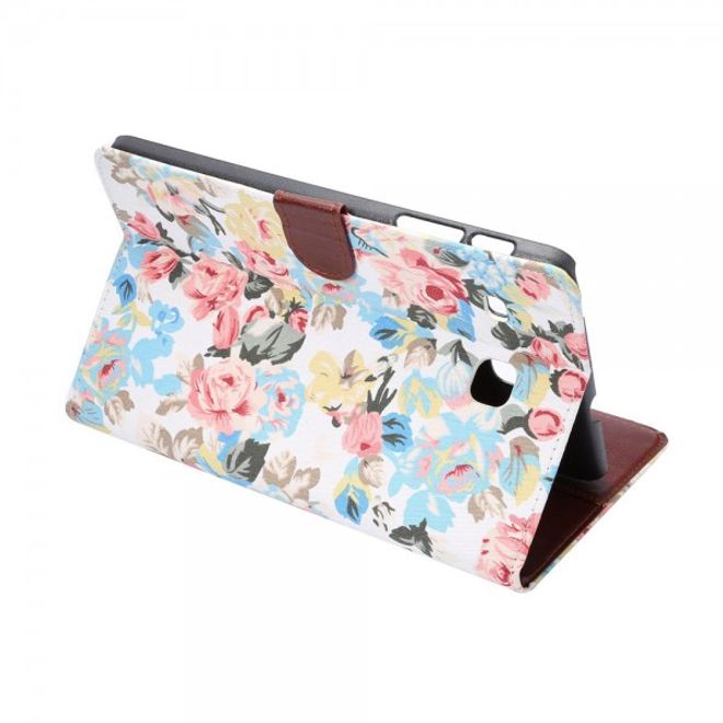 Samsung Galaxy Tab E 8.0 Leder Case Hülle mit stoffartiger Oberfläche und Blumenmuster - weiss