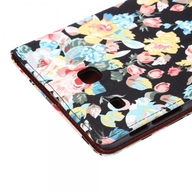 Samsung Galaxy Tab E 8.0 Leder Case Hülle mit stoffartiger Oberfläche und Blumenmuster - schwarz
