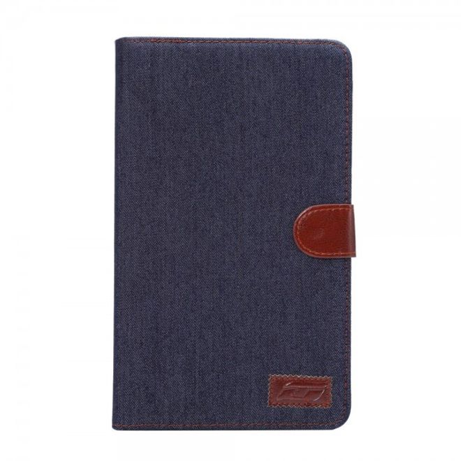 Samsung Galaxy Tab E 8.0 Leder Cover Hülle mit stoffartiger Oberfläche im Jeanslook - schwarzblau