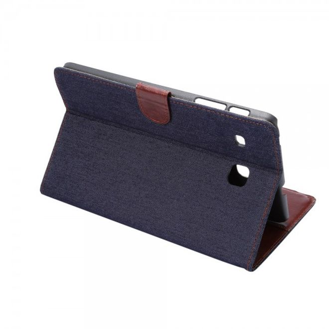 Samsung Galaxy Tab E 8.0 Leder Cover Hülle mit stoffartiger Oberfläche im Jeanslook - schwarzblau