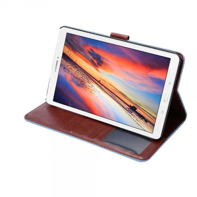 Samsung Galaxy Tab E 8.0 Leder Cover Hülle mit stoffartiger Oberfläche im Jeanslook - hellblau